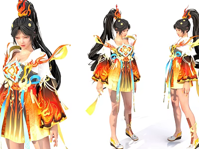 Woman In Flame Themed Costume With Long Black Ponytail Intricate Chest Design And Vibrant Streamers 3d model