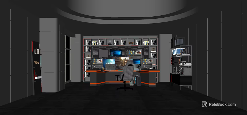 Modern Internet Cafe Interior with Multiple Computer Screens Counter and Comfortable Chair 3d model