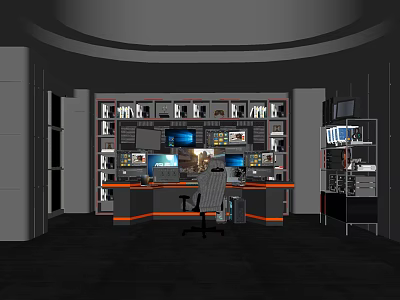 Modern Internet Cafe Interior with Multiple Computer Screens Counter and Comfortable Chair 3d model