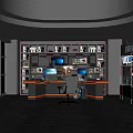 Modern Internet Cafe Interior with Multiple Computer Screens Counter and Comfortable Chair 3d model