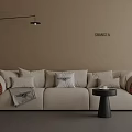 Beige Sofa Set with Plush Cushions Woven Armrests Small Round Side Table and Wall Lamp
