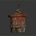 Ancient Red Ceramic Vessel With Carved Figure Lid Tripod Base And Decorative Patterns