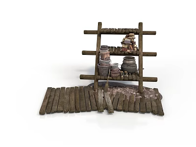 Multi tiered Wooden Shelf With Clay Pots And Baskets On Wooden Plank Base 3d model