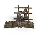 Multi tiered Wooden Shelf With Clay Pots And Baskets On Wooden Plank Base