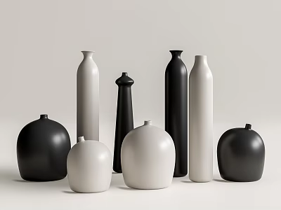 Elegant Black and White Ceramic Vases with Diverse Shapes and Modern Design 3d model