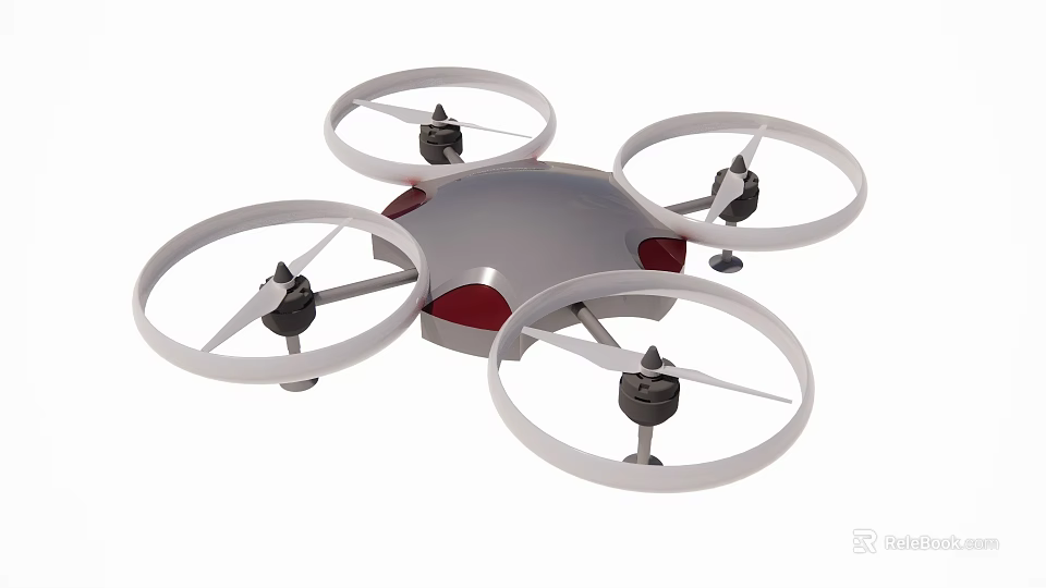 Four Rotor Quadcopter Drone With Protective Rings And Red Base Structure 3d model 