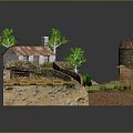 Cartoon Farm Scene With Red Roof House Windmill Tractor Trees And Fence
