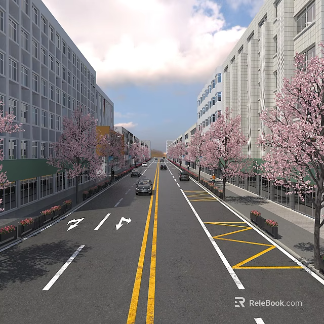 Urban Road Facilities With Double Yellow Lines Directional Arrows Cherry Blossom Trees And Buildings 3d model 