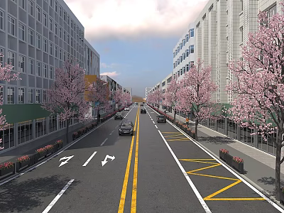Urban Road Facilities With Double Yellow Lines Directional Arrows Cherry Blossom Trees And Buildings 3d model