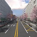 Urban Road Facilities With Double Yellow Lines Directional Arrows Cherry Blossom Trees And Buildings