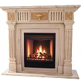 Classic Marble Fireplace With Intricate Carvings Golden Accents And Burning Flames