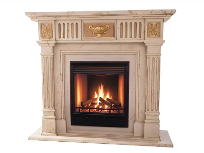 Classic Marble Fireplace With Intricate Carvings Golden Accents And Burning Flames 3d model
