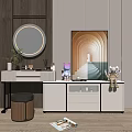 Modern Dressing Table With Round Mirror Stool Decorative Painting And Storage Drawers 3d model