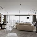 Modern Open Plan Kitchen Dining Room Interior With Cabinets Dining Table Chairs And Hanging Lights