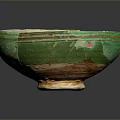 Hand Carved Ceramic Bowl With Intricate Geometric Patterns Green Rim And Yellow Body