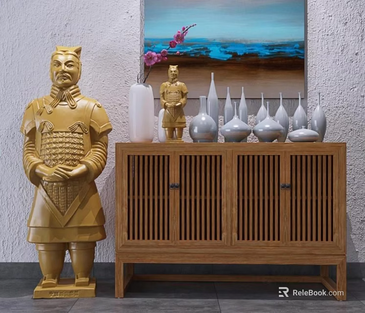 Entryway Cabinet Sideboard With Golden Terracotta Warrior Statue White Vases Pink Flowers And Wall Art 3d model 