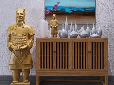 Entryway Cabinet Sideboard With Golden Terracotta Warrior Statue White Vases Pink Flowers And Wall Art 3d model