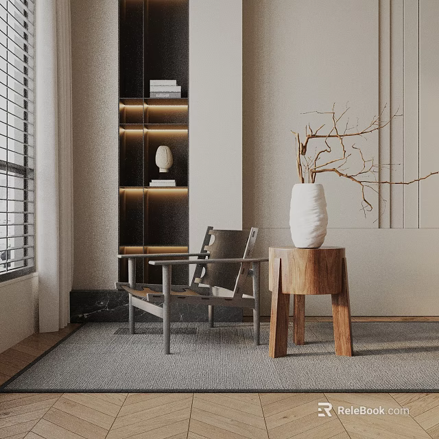 Modern Accent Chair By Window With Gray Carpet Wooden Stool White Vase And Shelf Lighting 3d model 