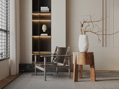 Modern Accent Chair By Window With Gray Carpet Wooden Stool White Vase And Shelf Lighting 3d model