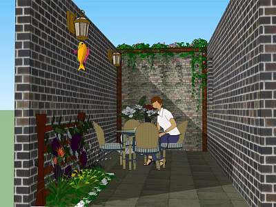 Relaxing Garden Landscape With Brick Walls Climbing Plants Pergola Outdoor Dining And Lanterns 3d model