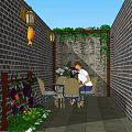 Relaxing Garden Landscape With Brick Walls Climbing Plants Pergola Outdoor Dining And Lanterns