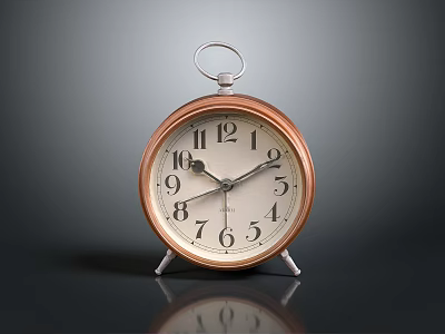 Vintage Alarm Clock With Copper Frame White Dial And Metal Stand On Dark Surface 3d model