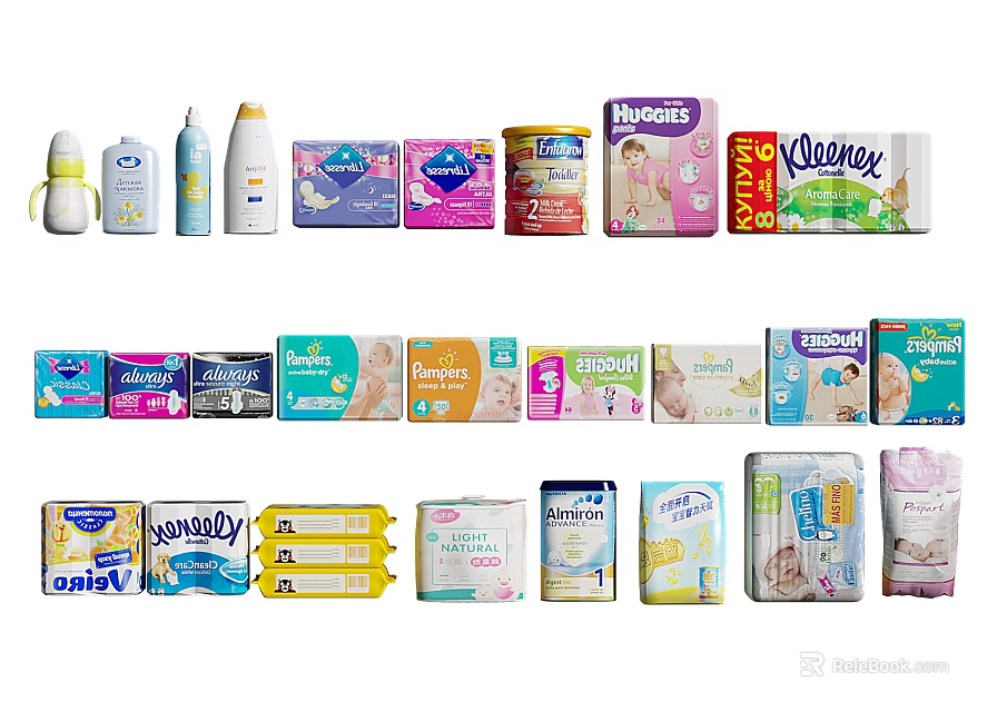 Essential Baby Products Collection Featuring Diapers Milk Powder Bottles and Wipes 3d model 