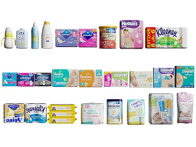 Essential Baby Products Collection Featuring Diapers Milk Powder Bottles and Wipes 3d model