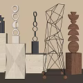 Modern Geometric Decorative Ornament Collection With Wooden Bases Metal Frames Rings And Stacked Shapes