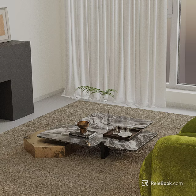 Modern Green Sofa Coffee Table Combination With Marble Top Plant And Living Rug 3d model 