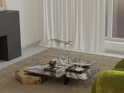 Modern Green Sofa Coffee Table Combination With Marble Top Plant And Living Rug 3d model