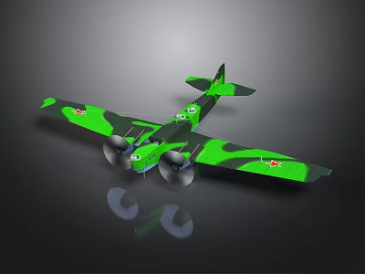 Aerospace Themed Green Camouflage Biplane Model With Propeller Dark Background Reflection 3d model
