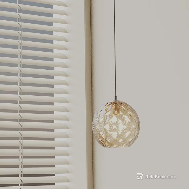 Transparent Diamond Cut Spherical Pendant Light Hanging Beside White Window Blinds 3d model 