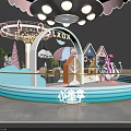 Vibrant Playground Featuring Cartoon Sculpture Pink Counter Striped Umbrella Green Plants And Decorative Houses