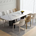 Elegant Oval Marble Top Dining Table And Six White Beige Chairs In Modern Dining Room