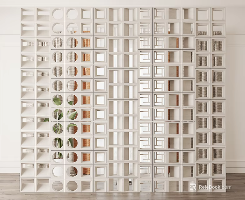 White Grid Room Divider With Circular And Square Hollow Out Design And Green Plants 3d model 