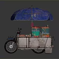 Portable Tricycle Food Cart with Blue Umbrella Red Green Buckets and Accessories