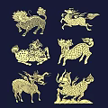 Golden Mythical Beast Patterns Wall Decor With Dark Blue Background 3d model