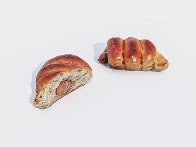 Delicious Sausage Stuffed Bread Freshly Baked with Soft Dough Whole and Sliced 3d model