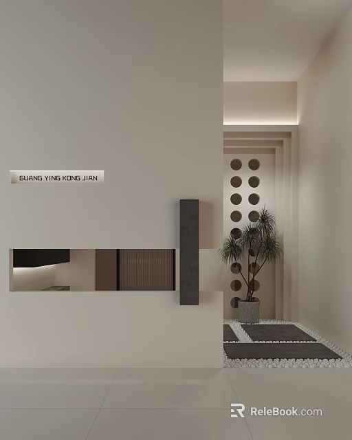 Minimalist Elevator Lobby Design With Circular Wall Art And Potted Plant 3d model