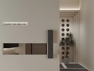 Minimalist Elevator Lobby Design With Circular Wall Art And Potted Plant 3d model