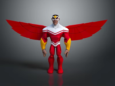 Masked Winged Superhero Character With Red Wings And Red White Yellow Costume 3d model