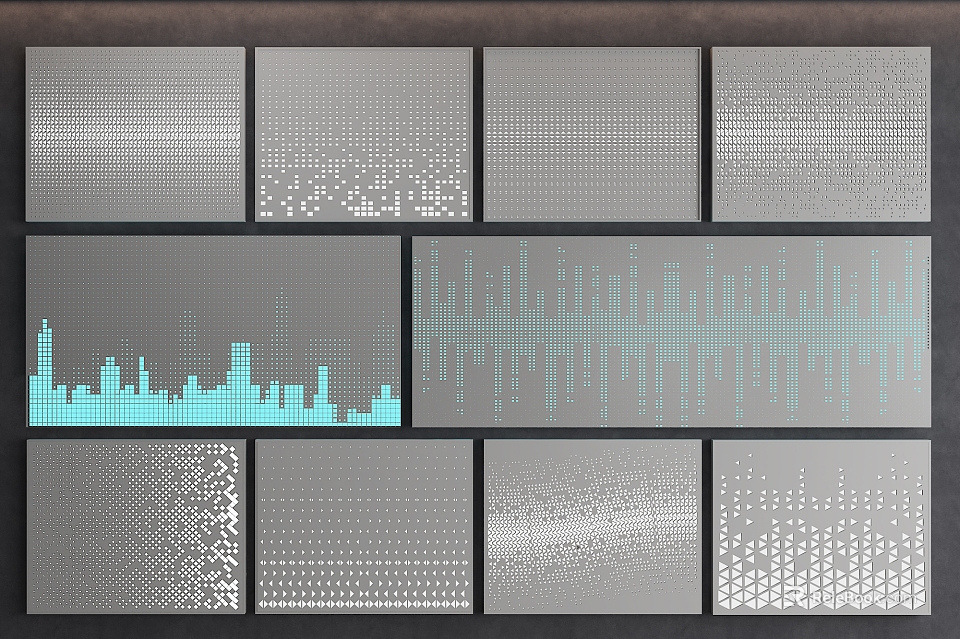 Modern Decorative Wall Panels Featuring Silver Gray Perforated Dot And Wave Patterns 3d model 