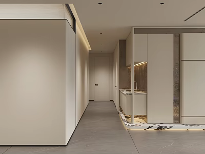 Modern Entryway Interior Design With Polished Floors And Built In Cabinets 3d model