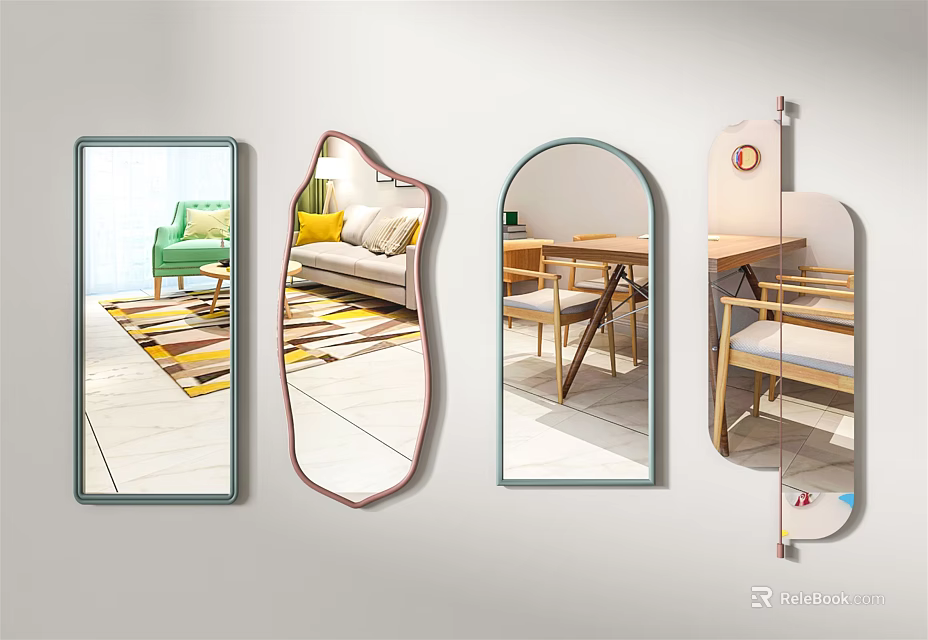 Various Shaped Mirrors Reflecting Living Room And Dining Area Interiors With Colorful Furniture And Rugs 3d model 