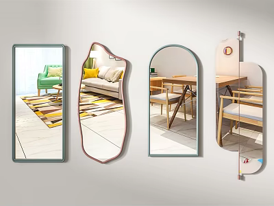 Various Shaped Mirrors Reflecting Living Room And Dining Area Interiors With Colorful Furniture And Rugs 3d model