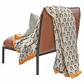 Brown Leather Single Sofa with Black Metal Frame Gray Cushion and Patterned Throw Blanket