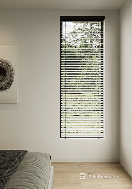 Bedroom Interior with Light Colored Wall and Spiral Painting Vertical Blinds Window Allowing Natural Light 3d model 