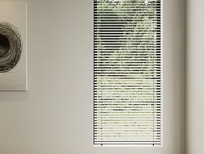 Bedroom Interior with Light Colored Wall and Spiral Painting Vertical Blinds Window Allowing Natural Light 3d model