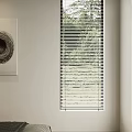 Bedroom Interior with Light Colored Wall and Spiral Painting Vertical Blinds Window Allowing Natural Light